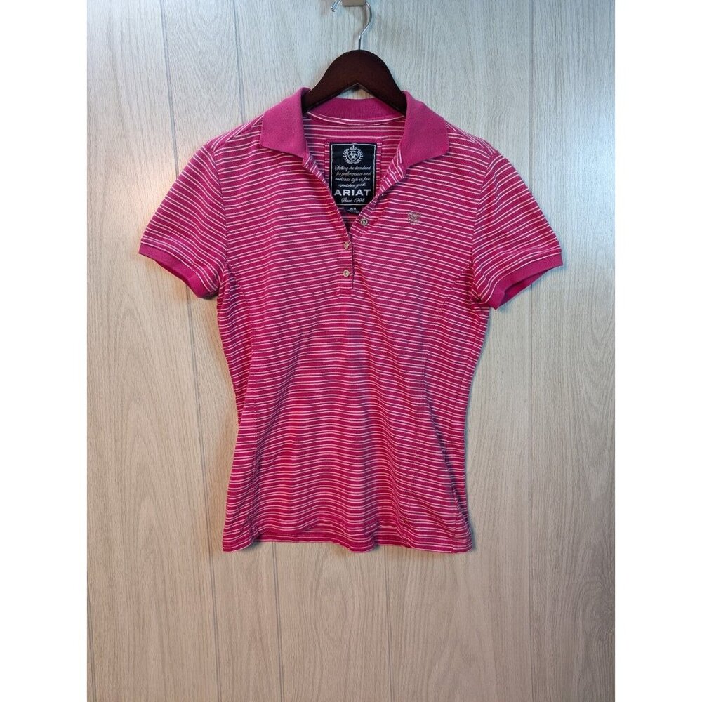 Ariat Shirt Womens Medium Pink White Stripe Short Sleeve Polo Embroidered